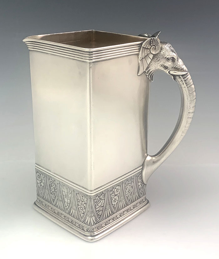 square sterling pitcher by Gorham elephant handle